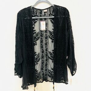 NWT Anu elegant sheer embroidered, beaded open front cardigan. Size Medium